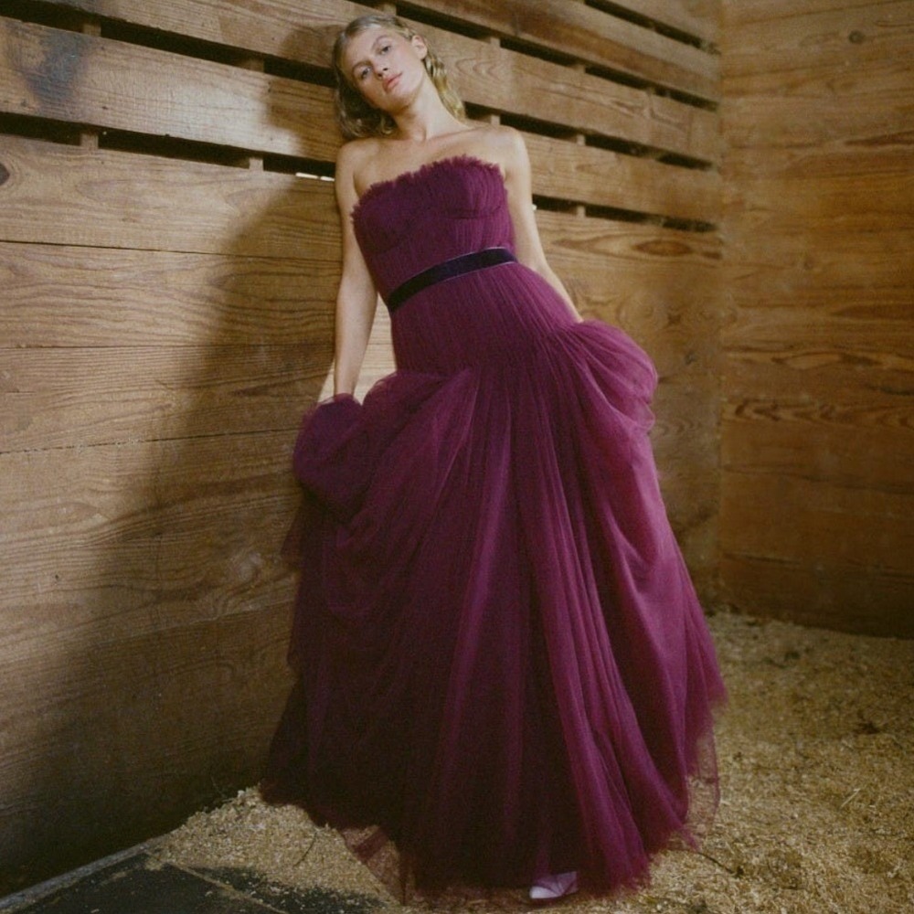 Zac Posen Pleated Tulle Couture Gown Cabernet Purple Strapless Dress Size 4